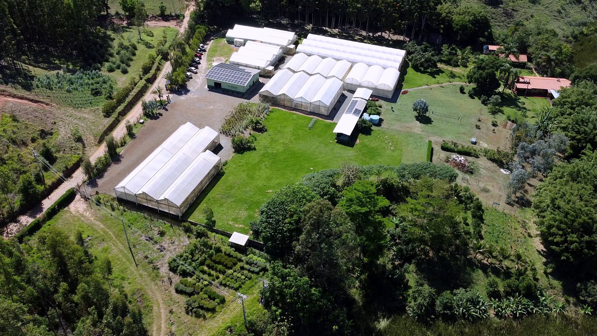 Vista aérea da estrutura da Clonar com galpão, viveiro de produção, laboratório e casas de vegetação numerados